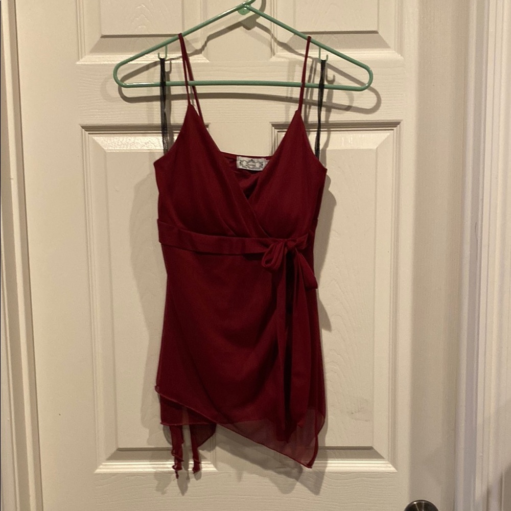 Maroon-color sheer dressy tank.
